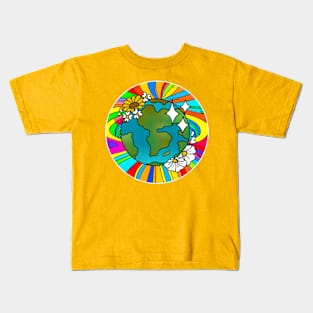 Vibrant 70s Style Planet Earth with Flowers (MD23ERD005c) Kids T-Shirt